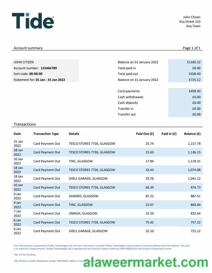 United Kingdom Tide bank statement, Word and PDF template